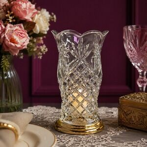 Teleflora Lead Crystal Candle Holder Gold-Tone Base Votive Tealight Elegant